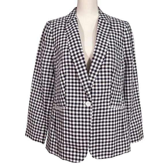 Talbots Classic Linen Blazer Gingham Black & White Single Breasted Size 12 NWOT - Picture 1 of 13